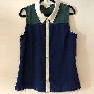 Emerald & Dark Blue Collared Sleeveless Top